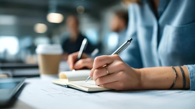 A young woman scribbles furiously in a notebook during a business meeting a colleague gesturing animatedly over a blueprint coffee cups and papers scattered on the table top vie