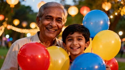 Indian grandfather holding balloons with child, a heartwarming intergenerational moment, creating an atmosphere of familial love and cultural tradition.