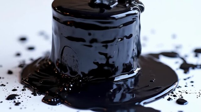 Viscous black substance flows over a white surface, creating drips and puddles