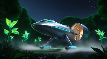 A silver research spaceship with metallic sheen and glowing blue accents landed near a dense glowing green alien forest, bioluminescent plants.