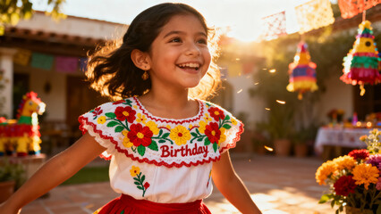Mexican girl with embroidered birthday dress, a cultural celebration moment, creating an atmosphere of traditional beauty and festive pride.