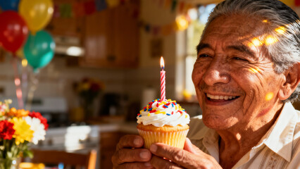 Mexican grandfather smiling with birthday cupcake, a joyful intergenerational moment, creating an atmosphere of warm family bonds and cultural celebration.
