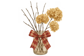 Dried flower composition in a mason jar, featuring rustic twigs and a red plaid bow, creating a cozy autumn scene