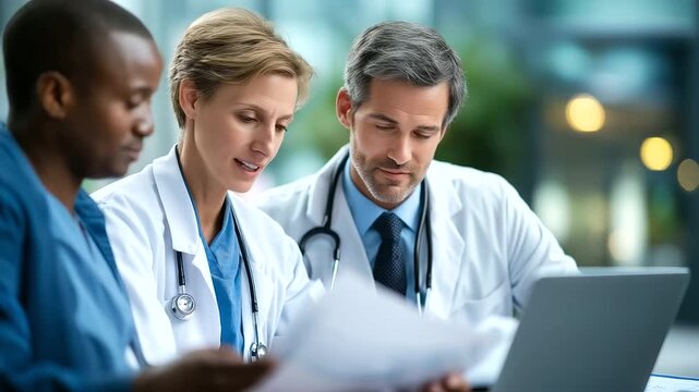 Multiethnic doctors and a middle aged man discuss medical documents a laptop open to a patient database a stethoscope and charts nearby top view of a collaborative meeting