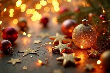 Christmas or new year background concept. Festive decorations - baubles and stars over red background