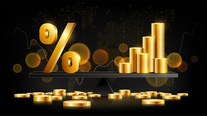Golden coins and a percentage symbol on a scale illustrate the delicate balance between inflation, financial growth, and economic stability, vector illustration