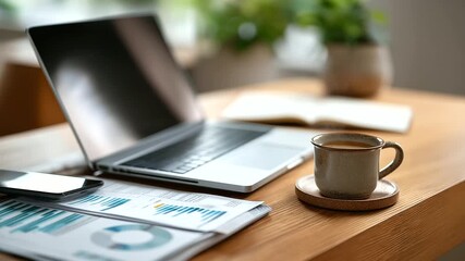 A laptop scattered charts a notebook with coffee stains a ceramic coffee cup and a smartphone rest on a wooden desk top view of a modern workspace office workspace - Powered by Adobe