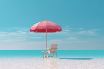 Serene Beach Scene with Pink Umbrella and Chair by Calm Blue Ocean