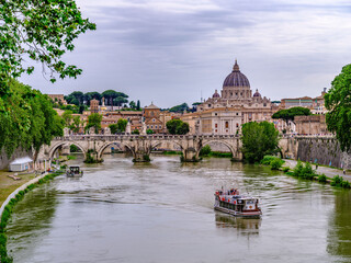 Rome Tiber River St. Peter's Dome Historic Bridge River Boat Tranquil