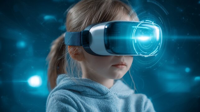 A child wearing a futuristic VR headset explores a vibrant digital world with colorful lights and interfaces