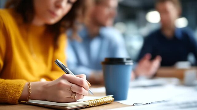 A young woman scribbles furiously in a notebook during a business meeting a colleague gesturing animatedly over a blueprint coffee cups and papers scattered on the table top vie