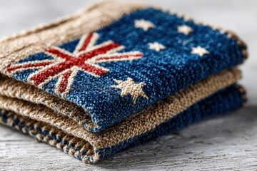 Handcrafted Australian flag pattern knitwear, featuring the Union Jack and Southern Cross, symbolising Australian heritage, patriotism, and national identity, close-up.