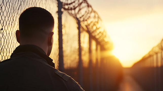 Contemplative man looks out over barbed wire fence at sunset, symbolizing imprisonment, longing for freedom, or security and borders. The horizon glows with hope.