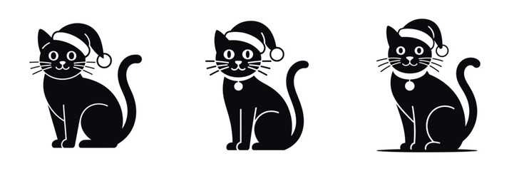 Christmas Cat Silhouette Vector Set – Cute Cats in Santa Hats, Festive Holiday Pet Illustration for Winter Celebration, Adorable Christmas Animal Art, and Seasonal Decoration Design