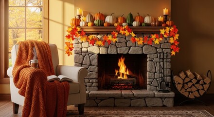 Cozy autumn scene with fireplace armchair and fall decorations indoors.