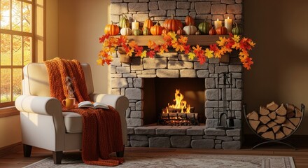 Cozy autumn scene with armchair fireplace and warm lighting.