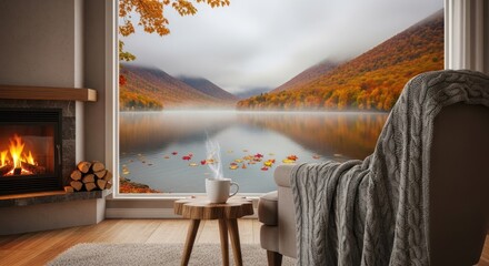 Cozy interior view overlooking misty autumn lake and colorful mountains.