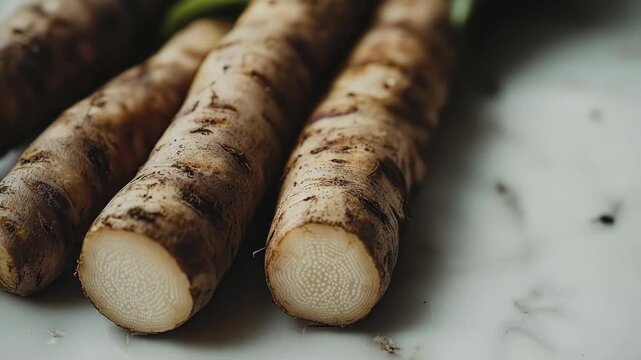 Whole burdock roots with visible green leaves, sitting on marble surface