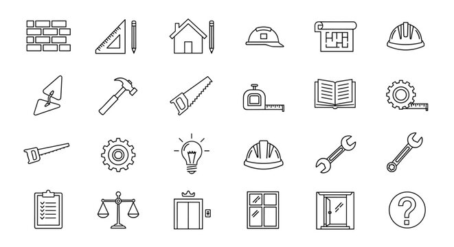 Collection of Building and Construction Related Line Icons, Outline Signs for Graphic and Web Design, Apps, Advertisements, Various Cards, Vector Art, including Brick Wall, Floor Plan, House