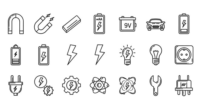 Collection of Magnet, Battery, and Lightning Related Line Icons, Outline Signs for Graphic and Web Design, Apps, Advertisements, Various Cards, Vector Cartoon Illustration. A set of simple, clean