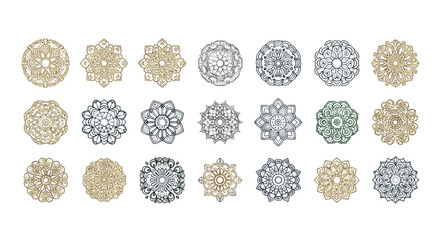Collection of 21 intricate and luxurious mandala designs in vector format, featuring detailed patterns and symmetrical floral motifs in gold, silver, and green hues, perfect for graphic resources and