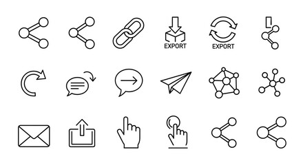 A diverse collection of outline icons representing sharing, linking, and connection concepts, perfect for graphic design, web development, app interfaces, and advertising. This vector cartoon