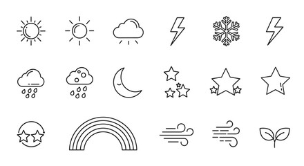 Fototapeta premium Collection of thin line icons representing various weather phenomena and natural elements, including sun, clouds with rain, lightning, snowflake, moon, stars, rainbow, wind, and a sprouting plant