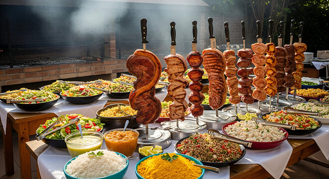 Ultra-realistic Brazilian churrasco buffet with grilled meat skewers, salads, rice, vinaigrette, and farofa on rustic wooden tables, outdoor barbecue setup with smoke and warm natural lighting.