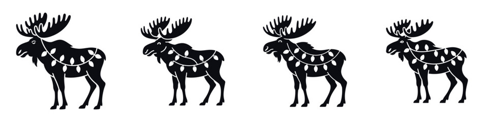 Christmas Moose Silhouette Vector Illustration – Festive Winter Animal Decorated with Holiday Lights, Woodland Wildlife Design for Seasonal Celebration, Christmas Art, and Winter Theme