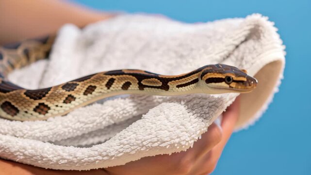 Exotic pet safety and first aid. Gently Holding Python and Snake Calm Reptile Experience with Towel and Person