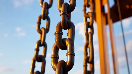 Three weathered chains hang suspended against a bright sky. The metal links show signs of wear, catching the sunlight, contrasting against the blue sky behind, suggesting strength.