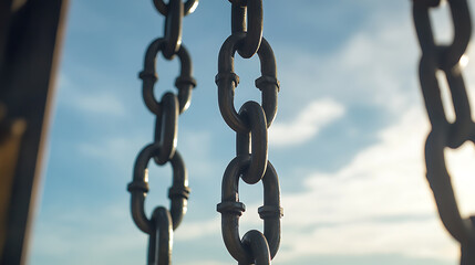 A close-up captures sturdy chains suspended against a backdrop of the sky. The contrast between the solid metal and the ethereal sky creates visual interest.