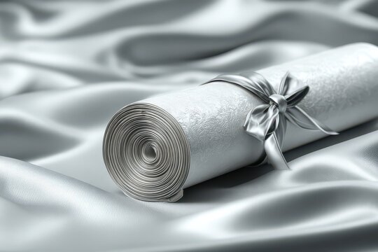 A sophisticated scroll with silver ribbon resting on a luxurious satin backdrop, perfect for elegant invitations or announcements with a touch of luxury and refinement.
