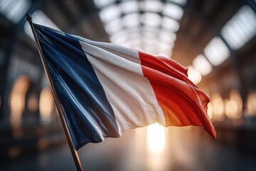 A vibrant French flag waving proudly against a sunlit blurred background, showcasing national pride and symbolizing France's rich history and cultural heritage, a representation of unity.