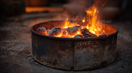 A fire is burning in a metal container