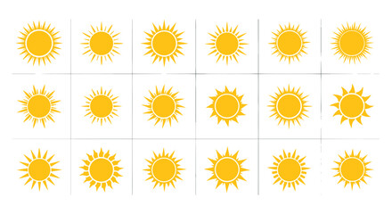 Collection of vibrant yellow sun icons in a flat design style, presented on a black background, featuring diverse ray patterns and circular shapes, perfect for logos, weather icons, and representing