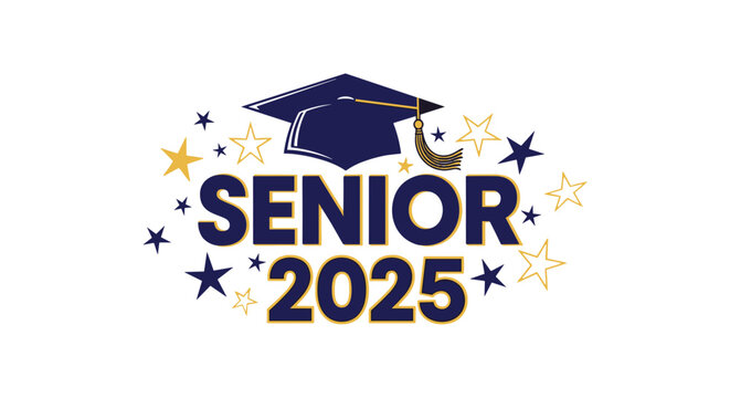 Vibrant 'Senior 2025' headline featuring a classic graduation cap and a constellation of stars, perfect for designing senior class apparel, celebratory posters, and impactful social media