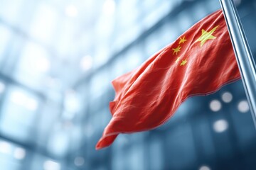 Close-up of the People's Republic of China national flag waving against a blurred background, symbolizing national pride, patriotism and cultural identity, China's nation.
