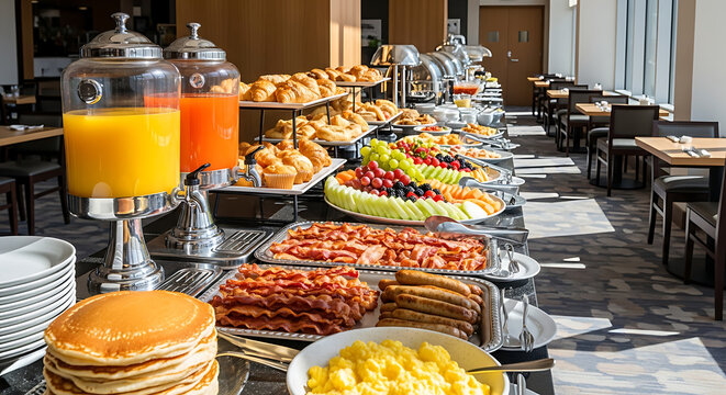 Ultra-realistic American hotel breakfast buffet with pancakes, scrambled eggs, bacon, sausages, pastries, fruits, and orange juice dispensers, modern dining hall filled with natural sunlight and warm 