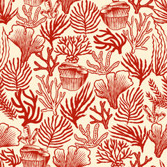 Corals and seaweed seamless pattern. Abstract Botanical Illustration. Underwater sea plants and flora. Hand Drawn 
