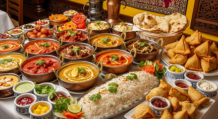 Ultra-realistic Indian buffet with copper curry bowls, basmati rice, naan, samosas, chutneys, and desserts, set in a vibrant restaurant with warm yellow lighting and traditional cultural decor.