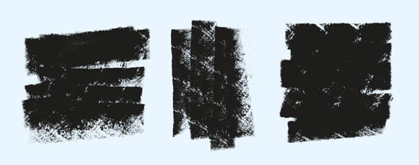 Grunge Roller Brush Texture Stamps Set. Black grunge textures made with paint roller strokes. Ideal for backgrounds, overlays, or grunge design accents in posters, prints, and digital art. Vector set