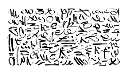 Modern abstract calligraphy with Arabic motifs, brush strokes, and letters. Arabic-style lettering and modern Gothic calligraphy. Background art with strokes and letters. Vector graphic banner