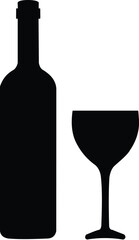Simple silhouette of wine bottle and glass on gray background