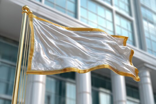 A prestigious blank white flag with opulent golden trim waving gracefully.