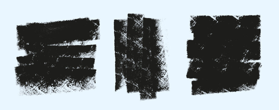 Grunge Roller Brush Texture Stamps Set. Black grunge textures made with paint roller strokes. Ideal for backgrounds, overlays, or grunge design accents in posters, prints, and digital art. Vector set
