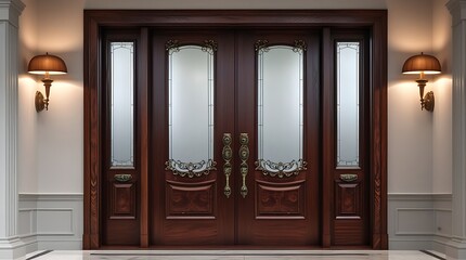 A professional photo of elegant double front doors made of rich dark mahogany wood with subtle grain textures, frosted glass panels that softly diffuse the light.