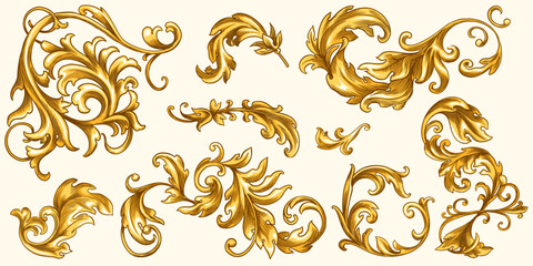 Vintage Baroque or renaissance hand drawn Victorian set of ornament floral elements engraved retro flower decorative design heraldic swirls. 
