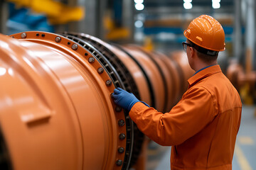 A worker in orange overalls and a hard hat inspects a large orange industrial component with rows of bolts. Safety and precision are important in this manufacturing environment.