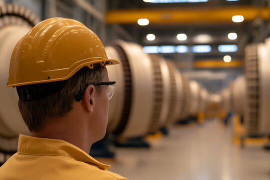 Focused engineer with yellow hardhat surveys large industrial machinery in a spacious factory. Safety glasses worn. Overhead crane visible, conveying strength and precision.